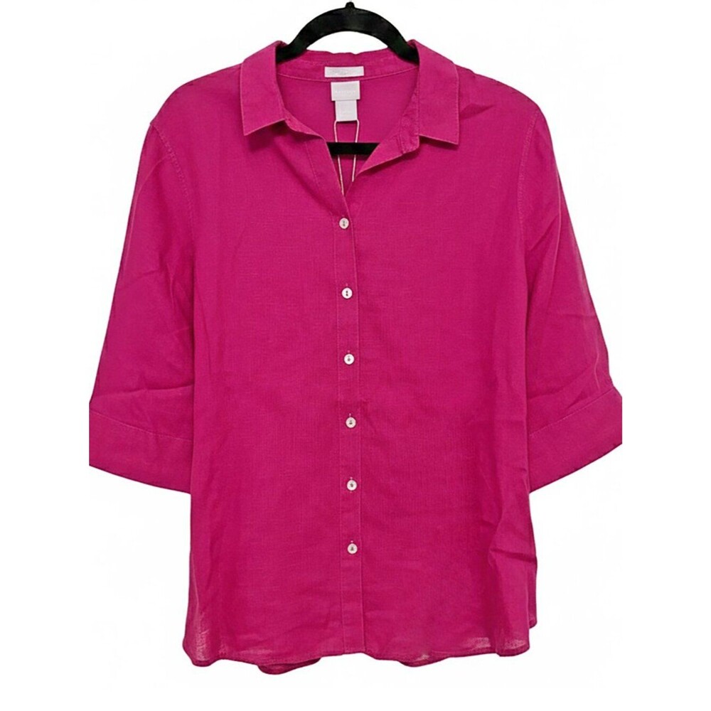 Chico's No Iron Linen Shirt Solid Botanic Berry Pink 3/4 Sleeve NWT Size 2
